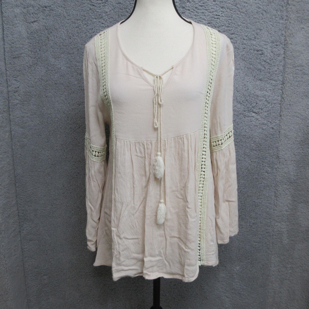 Staccato‎ Peasant Blouse Womens Small Boho Crochet Trim Bell Sleeve Tassel Tie